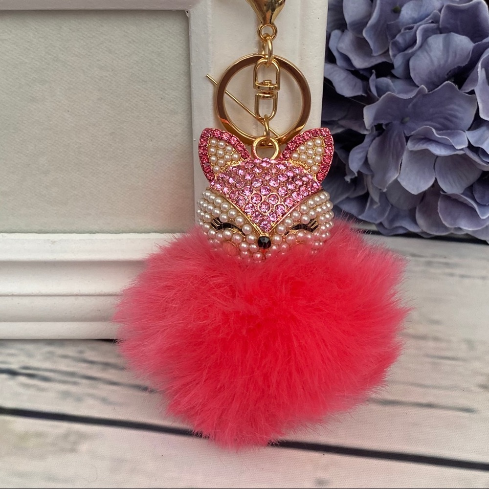 Crystal & Pearl Fox Hot Pink Pom Pom Keychain - Picture 5 of 15